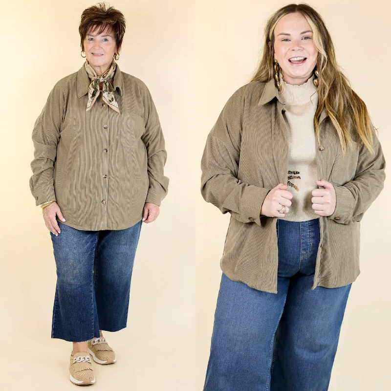 Captivating Cuteness Corduroy Button Up Shacket in Olive Green Flowy Bohemian Blouse
