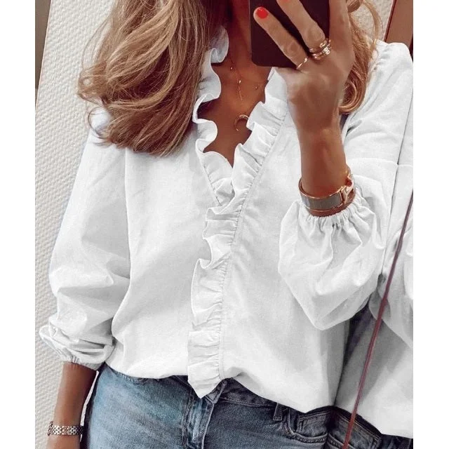 Casual V Neck Lantern Sleeve Ruffled Blouse Lightweight Chiffon Blouse