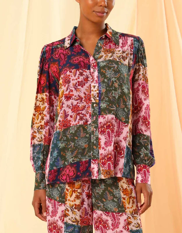 Charlotte Lapel Blouse - Mosaic Paisley Bell Sleeve Blouse