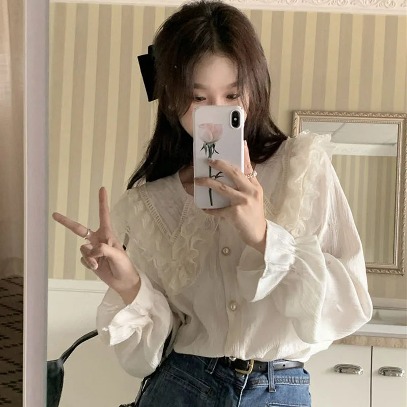 Chic Lace Collar Chiffon Blouse for Women Frilled Cuff Blouse