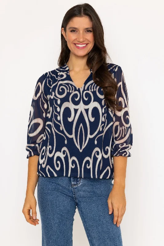 Collarless Blouse in Navy Print Asymmetric Hem Blouse