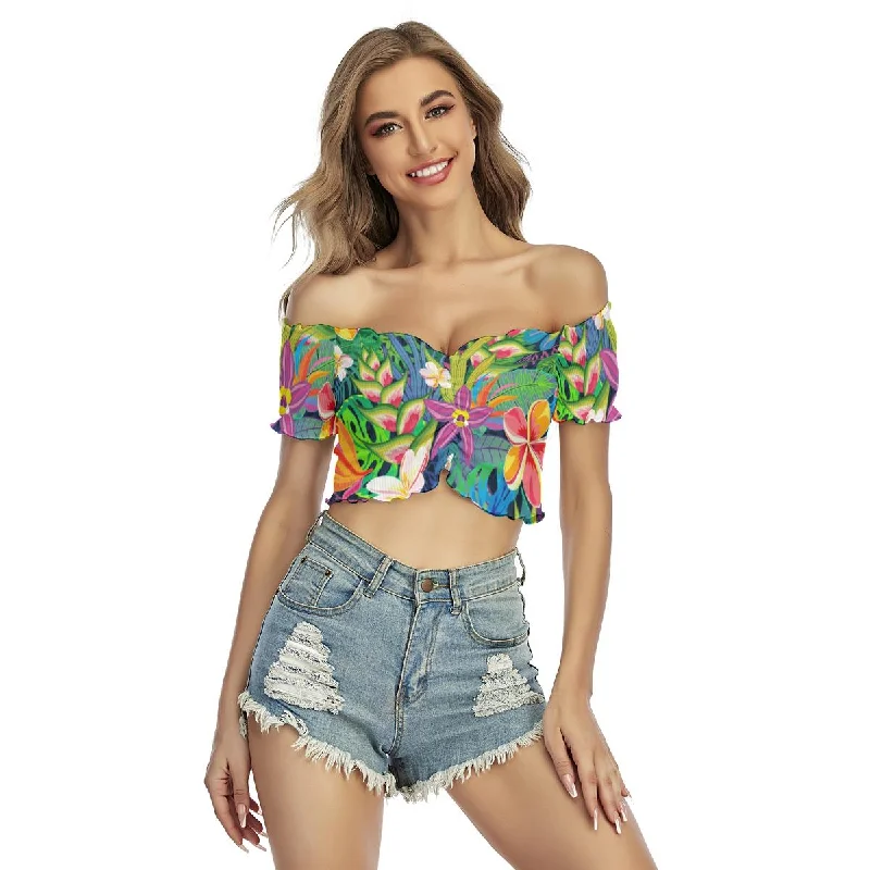 Colorful Tropical Flowers Floral Print Women's Off-Shoulder Blouse Soft Pastel Blouse