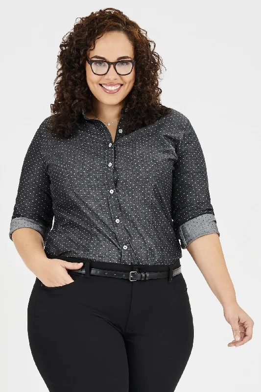 Ladies' Boyfriend Blouse - Charcoal Chambray Dots Drape Neck Blouse
