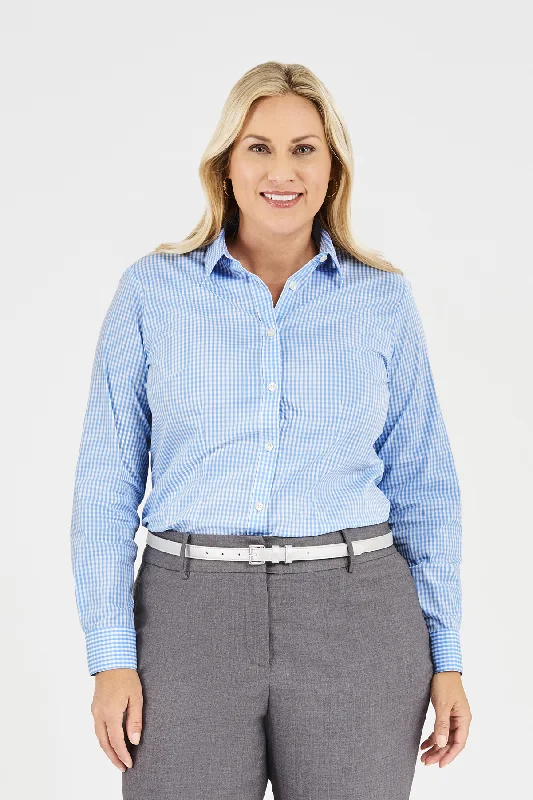 Ladies' Classic Gingham Blouse - Light Blue Soft Knit Blouse