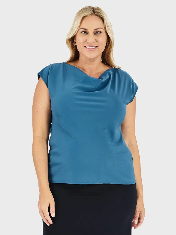 Ladies' Cowl Neck Blouse - Aquamarine Lightweight Chiffon Blouse