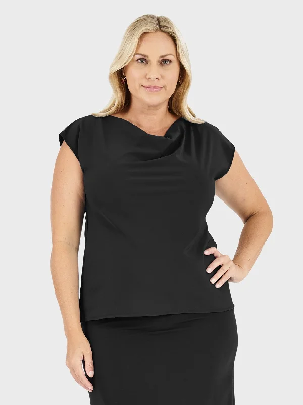 Ladies' Cowl Neck Blouse - Black Sheer Mesh Blouse