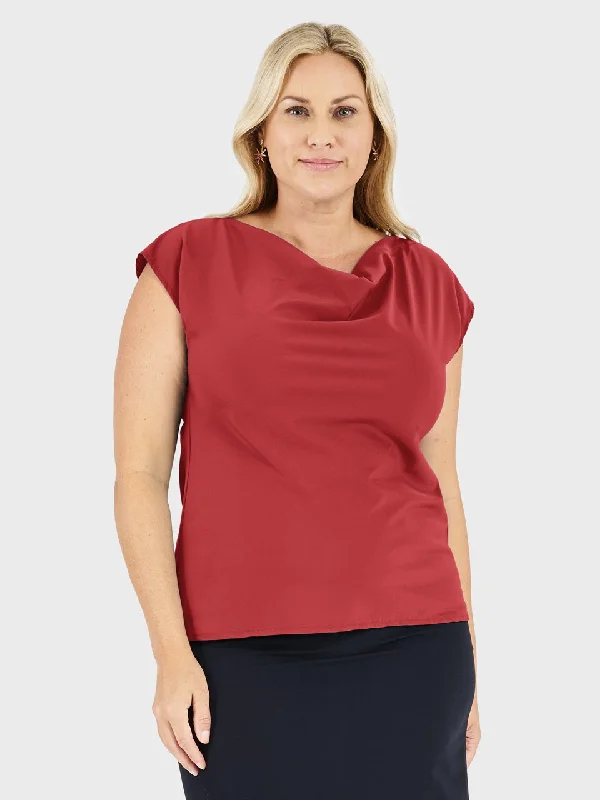 Ladies' Cowl Neck Blouse - Sunset Red Puff Sleeve Blouse