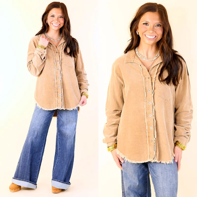 Dial It In Button Up Corduroy Shacket with Raw Hem in Beige Embellished Collar Blouse