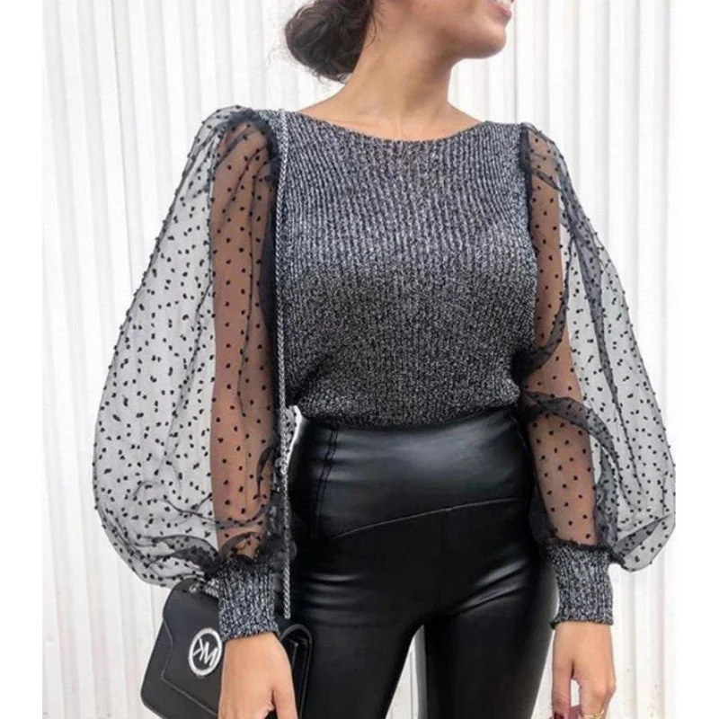 Elegant Knitted Patchwork Blouse Puff Sleeve O-neck Streetwear Textured Cotton Blouse