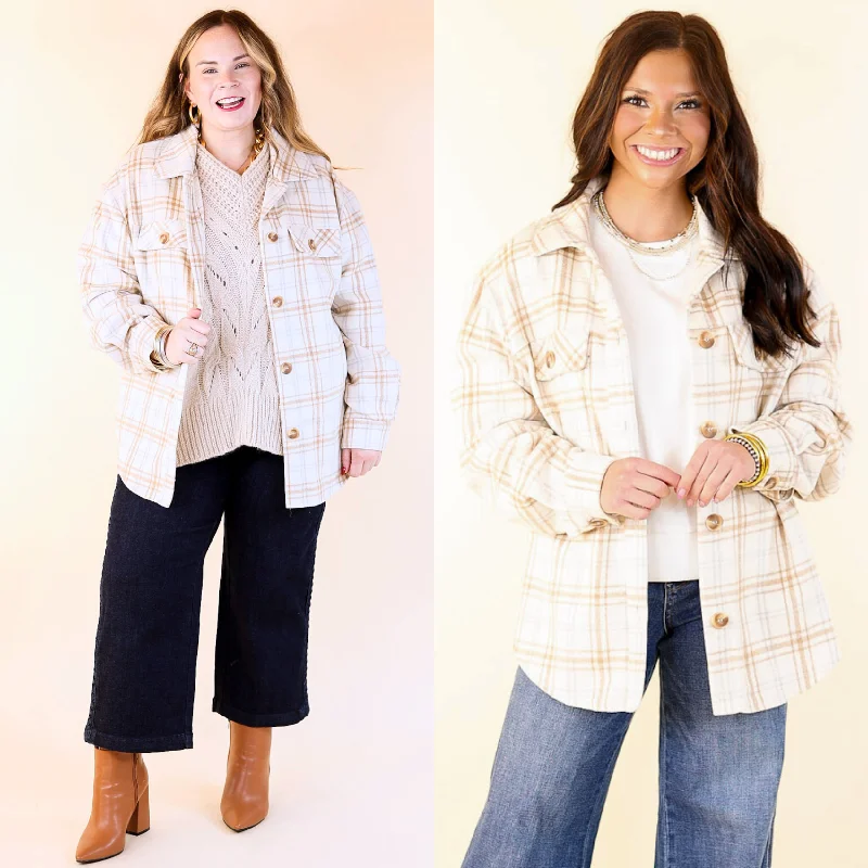 Endless Nights Button Up Plaid Shacket with Pockets in Ivory Semi-Sheer Blouse