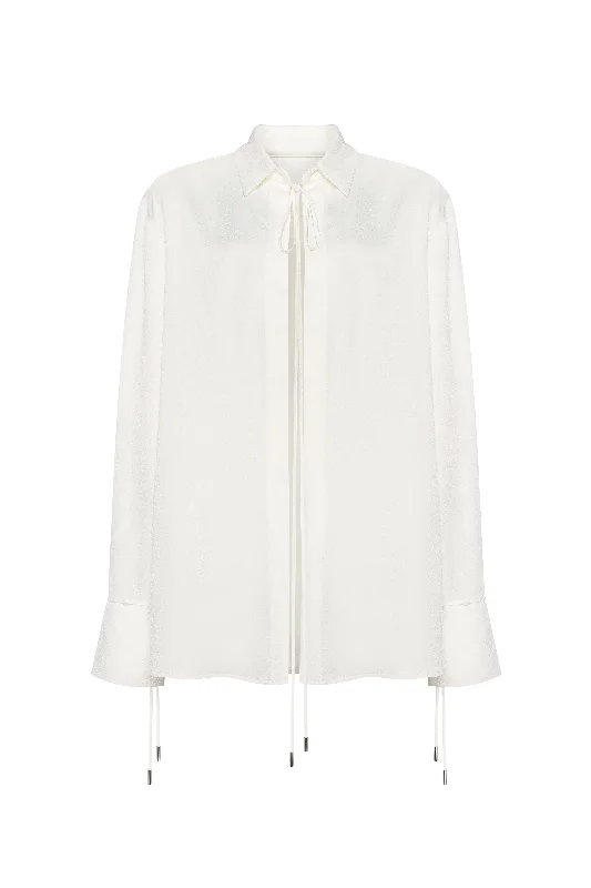 Front-tie satin blouse in white, Xo Xo Off-Shoulder Wrap Blouse