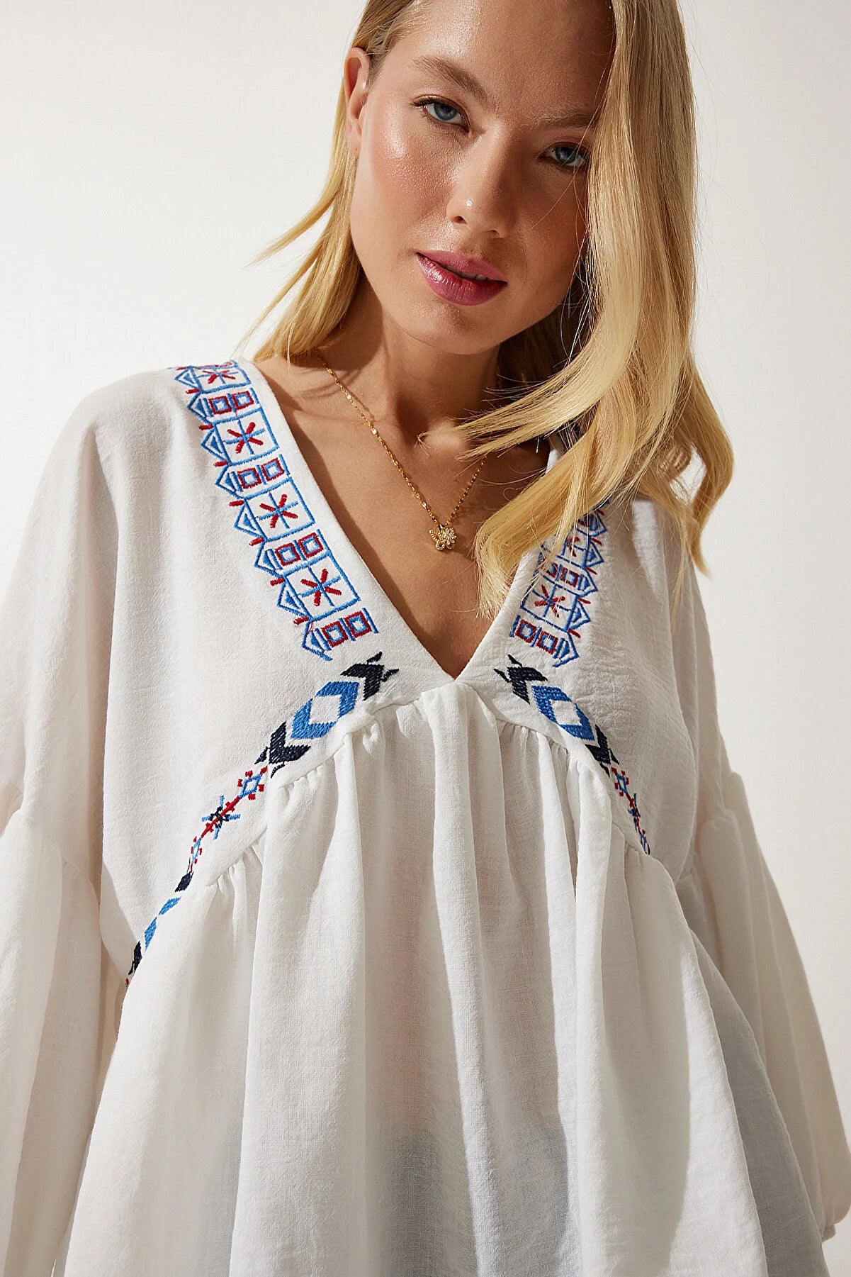 Happiness Istanbul Women's Ecru Deep V-Neck Flounce Embroidered Linen Blouse Vintage Polka Blouse