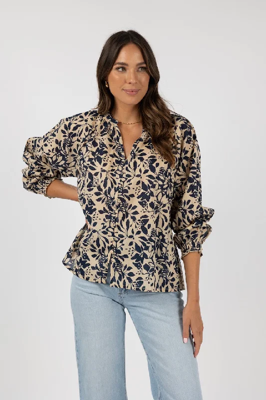 Humidity Eden Blouse - Navy Print Pleated Collar Blouse