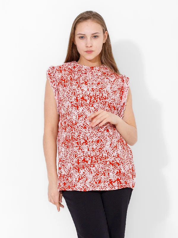 Short Sleeve Soft Printed Blouse (9) - Kava Elegant Semi-Sheer Blouse