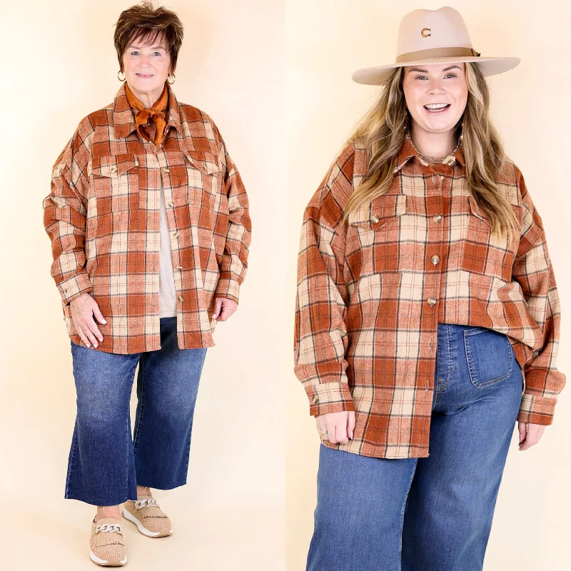 Kindness Everywhere Button Up Plaid Shacket in Burnt Orange Sweetheart Neck Blouse