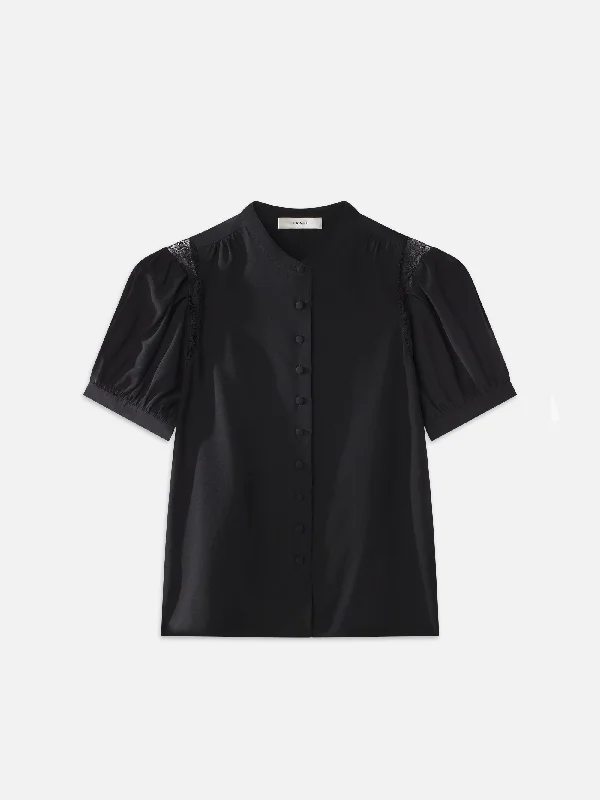 Lace Shoulder Inset Blouse -- Black Embroidered Cotton Blouse