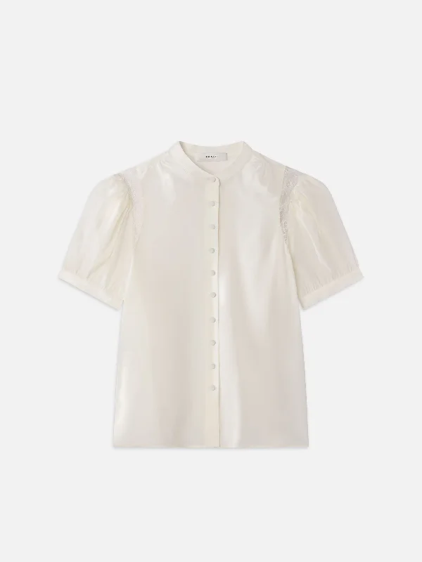 Lace Shoulder Inset Blouse -- Cream Silky Tunic Blouse