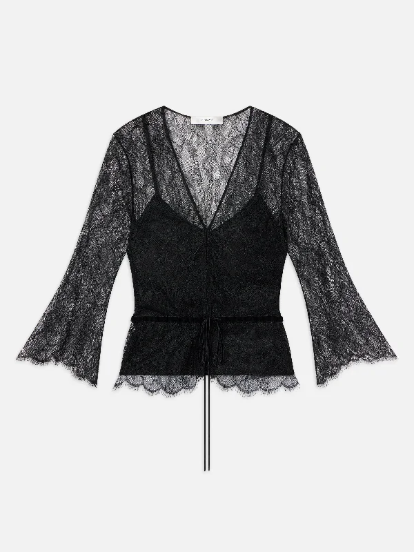 Lace V-Neck Blouse -- Black Soft Modal Blouse