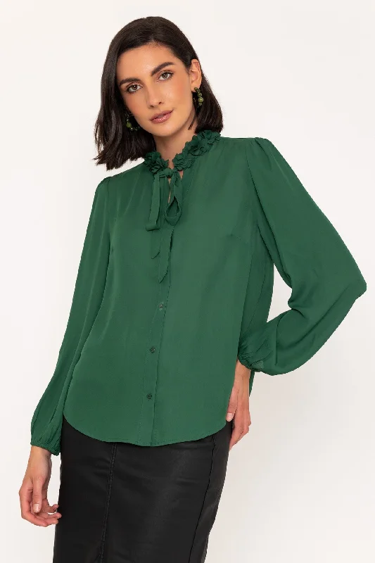 Long Sleeve Flower Ruffle Detail Blouse in Green Chic Sleeveless Blouse