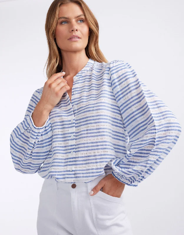 Malibu Blouse - Blue/White Stripe Silky Draped Blouse