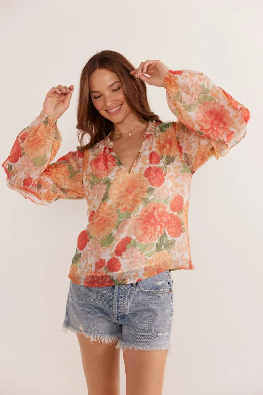 Mink Pink Aida Long Sleeve Blouse - Apricot Floral Chic Sleeveless Blouse