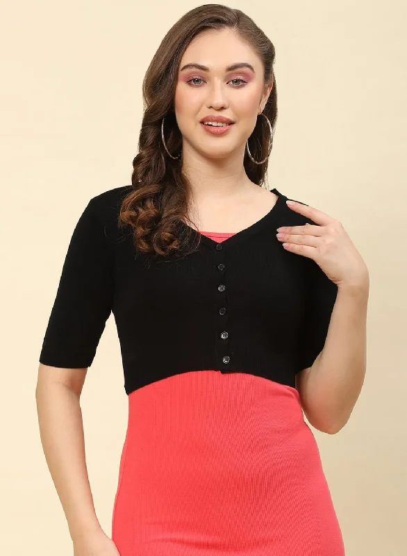 Women Black Solid Blend wool Blouse Short Sleeve Blouse