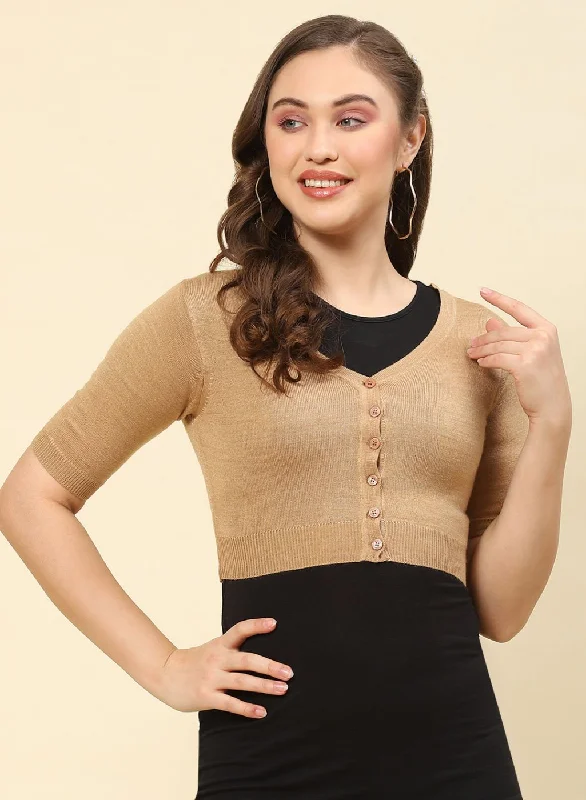 Women Camel Brown Solid Blend wool Blouse Elegant Office Blouse