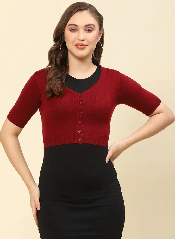 Women Maroon Solid Blend wool Blouse High Neck Blouse