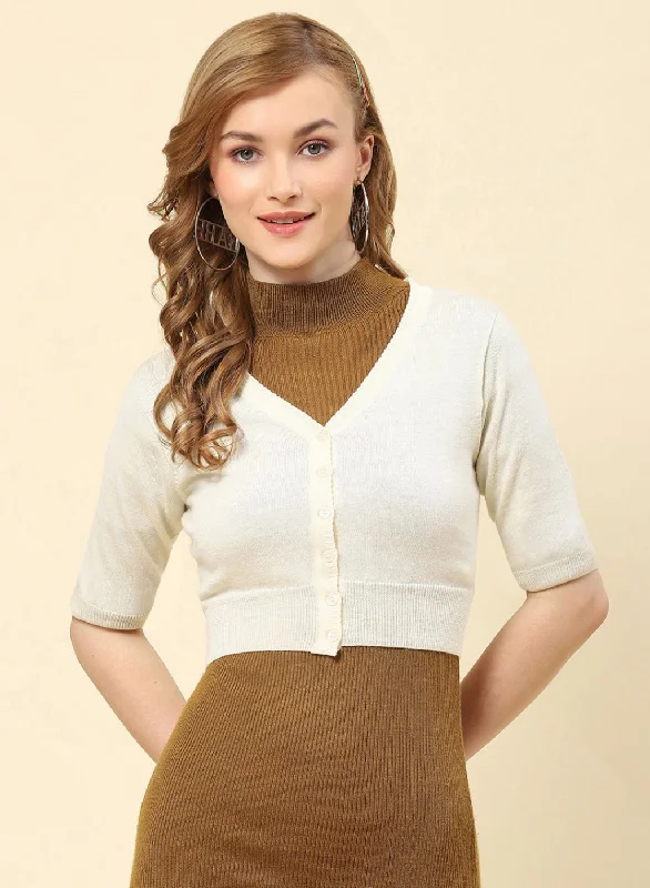 Women Off White Solid Pure wool Blouse Mandarin Collar Blouse