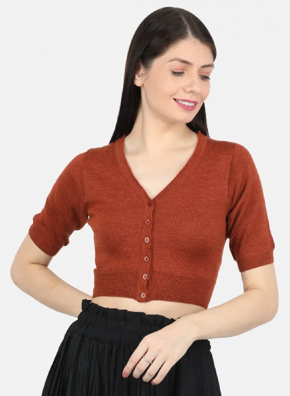 Women Rust Orange Solid Blouse Delicate Bow Blouse