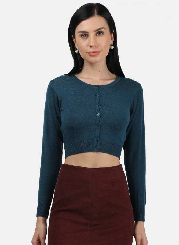 Women Teal Blue Solid Blouse Sheer Sleeve Blouse