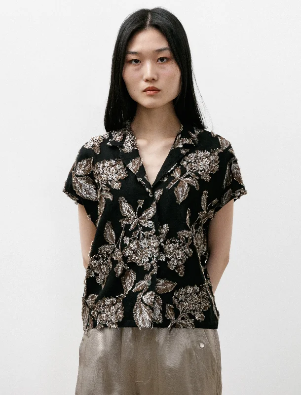 French Sleeve Blouse Fil Coupé Black/Silver Pleated Collar Blouse
