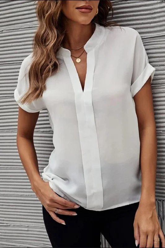 Notched Mandarin Collar Short Sleeve Blouse Boho Chic Blouse
