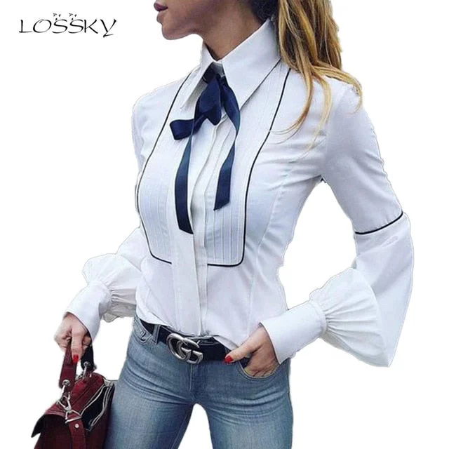 Office Bow Tie Blouse Women Lantern Sleeve Casual Tops New Spring Elegant Peplum Blouse