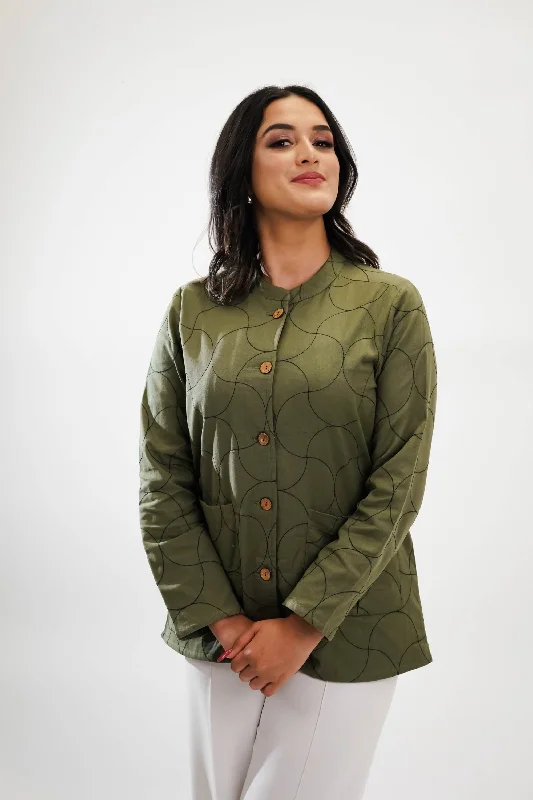Olive Quilted Shacket Elegant Silk Blouse