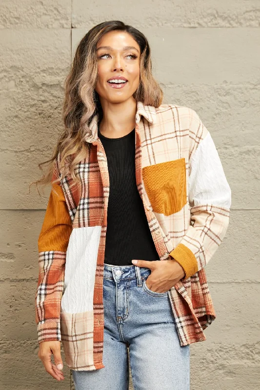 Plaid Color Block Dropped Shoulder Shacket Double Button Blouse