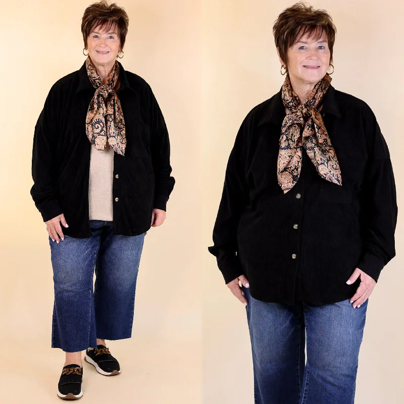 Plus Sizes | Captivating Cuteness Corduroy Button Up Shacket in Black Satin Drape Blouse