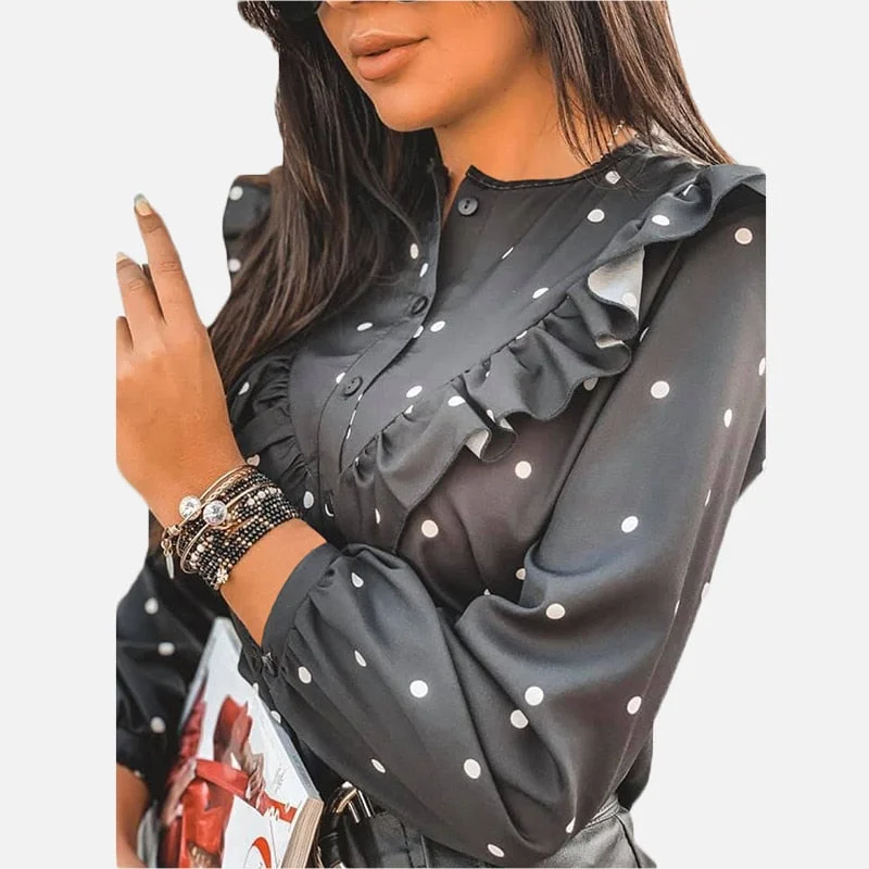 Ruffle Polka Dot Print Women's Blouse O-neck Buttons Long Sleeve Blouses Peter Pan Blouse
