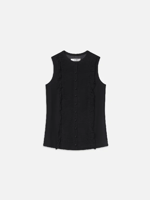 Sleeveless Ruffle Trim Blouse -- Black Lightweight Chiffon Blouse