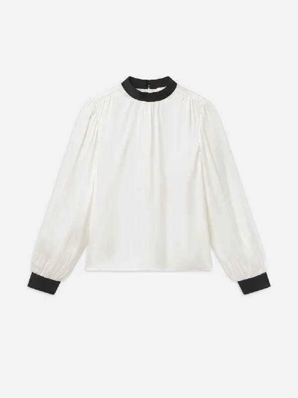 Shirred Mock Neck Blouse -- Cream Vintage Polka Blouse