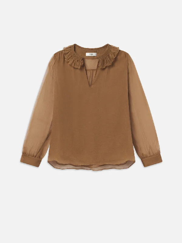 Shirred Ruffle Neck Blouse -- Camel Classic White Blouse