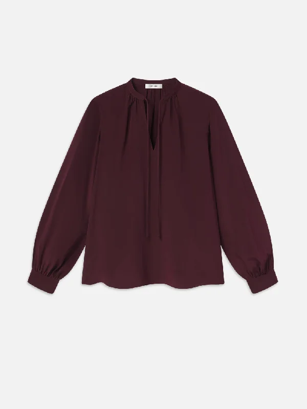 Shirred Tie Front Blouse -- Wine Elegant Lace Blouse
