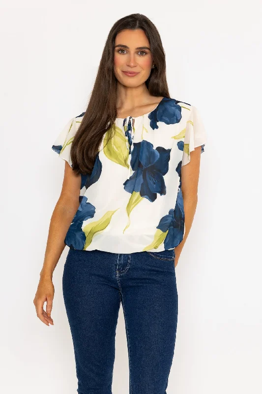 Short Sleeve Navy Printed Blouse With Tie Neck Soft Modal Blouse