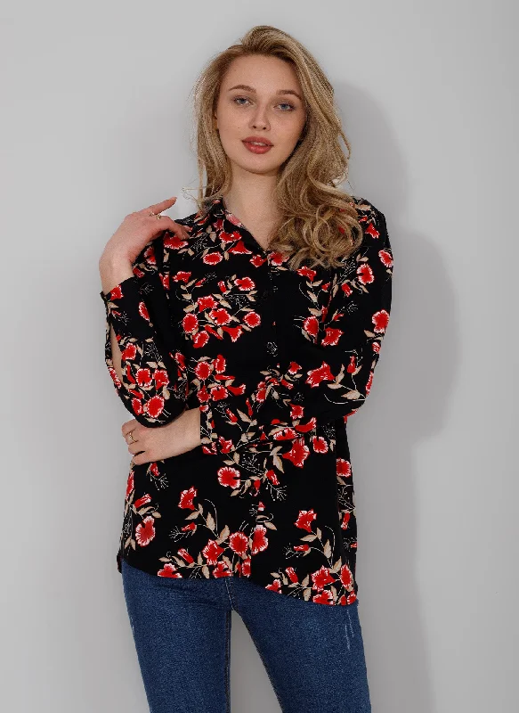 Short Sleeve Soft Printed Blouse (45) - Kava Drape Neck Blouse