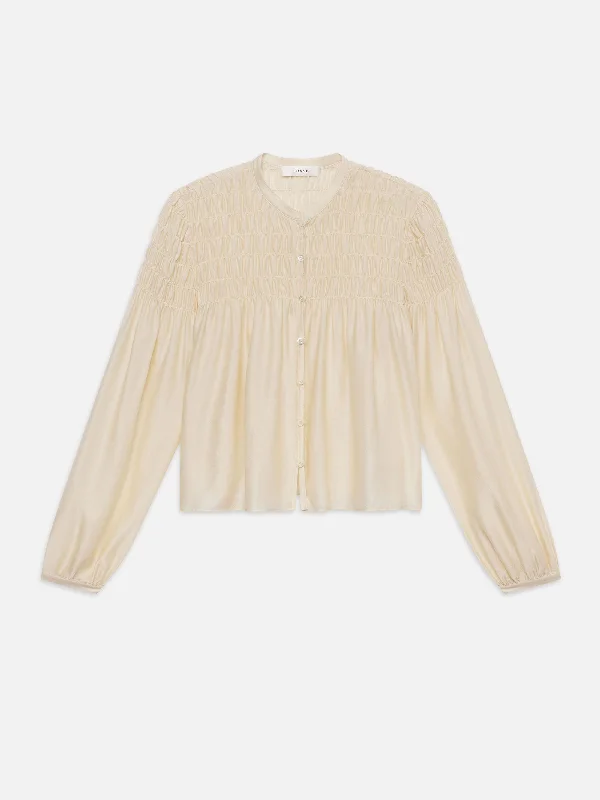 Smocked Collarless Blouse -- Champagne Casual Stripe Blouse