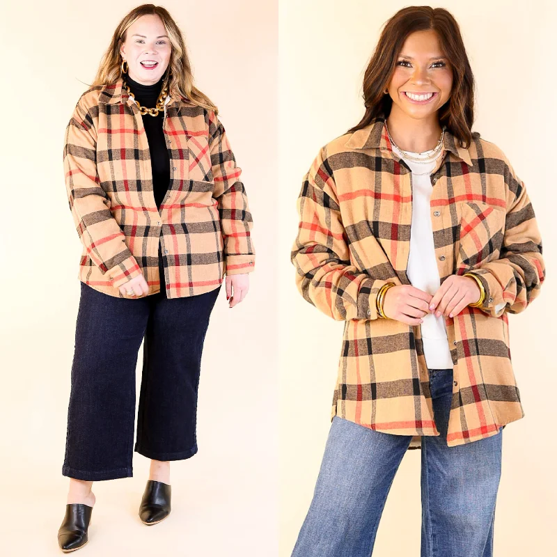 Soft and Dreamy Fur Lined Plaid Flannel Shacket in Tan Flowy Bohemian Blouse