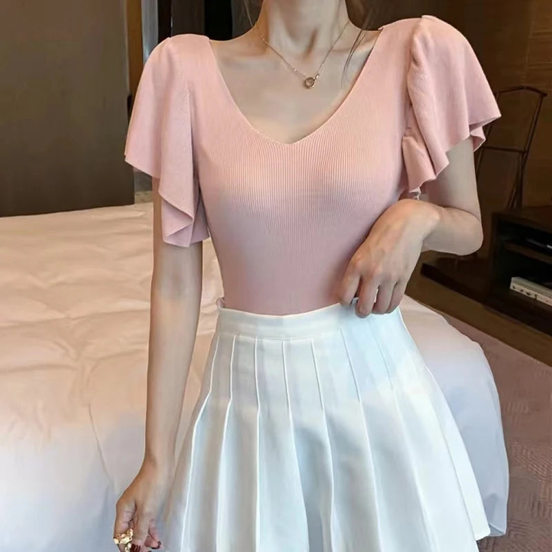 Summer Pink Knitting Blouse Women Slim Fit V-Neck Satin Bow Blouse