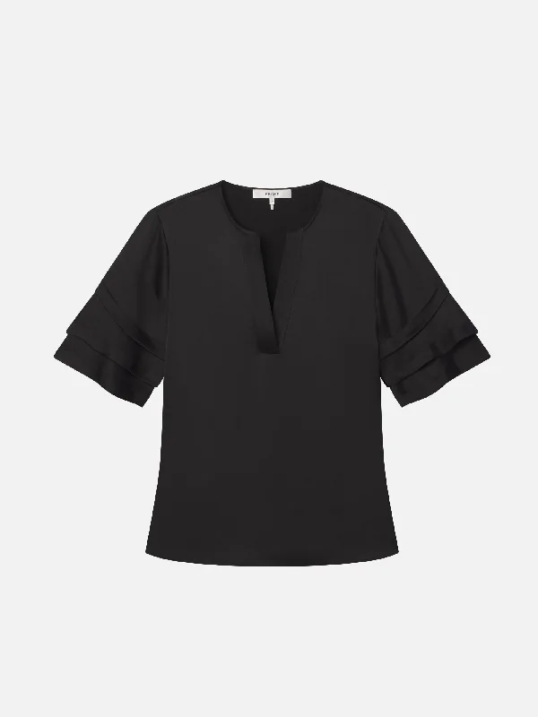 Tiered Ruffle Short Sleeve Blouse -- Black Off-Shoulder Wrap Blouse