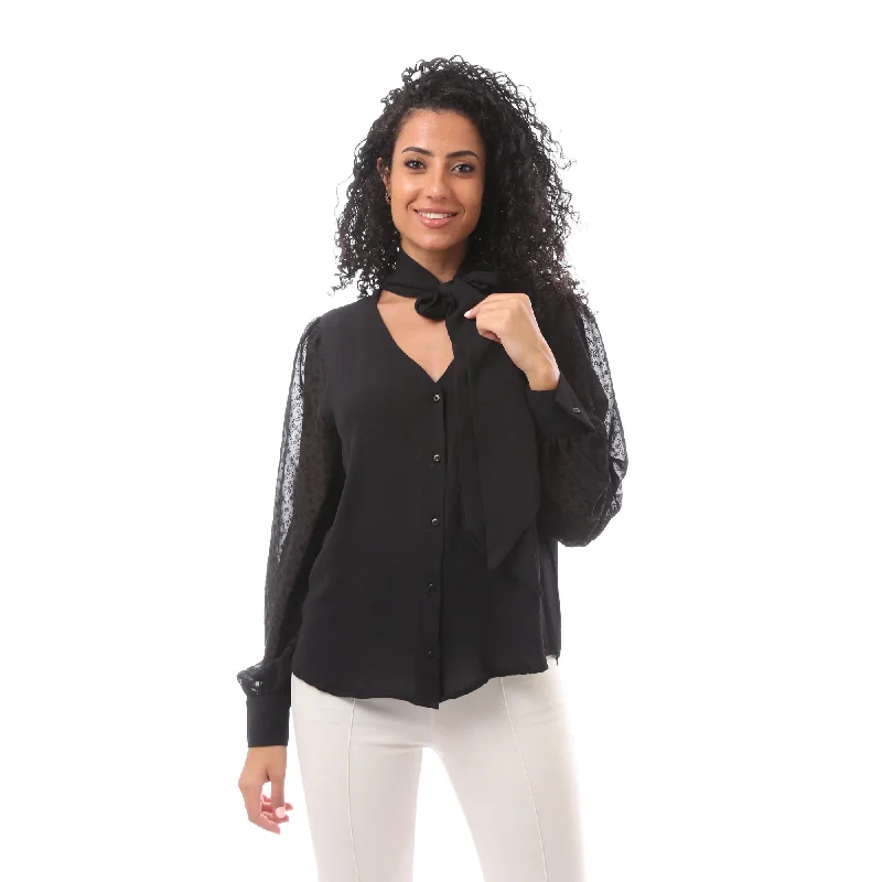 V Neck Blouse With Tie And Sleeves - Merch Ruched Sleeve Blouse