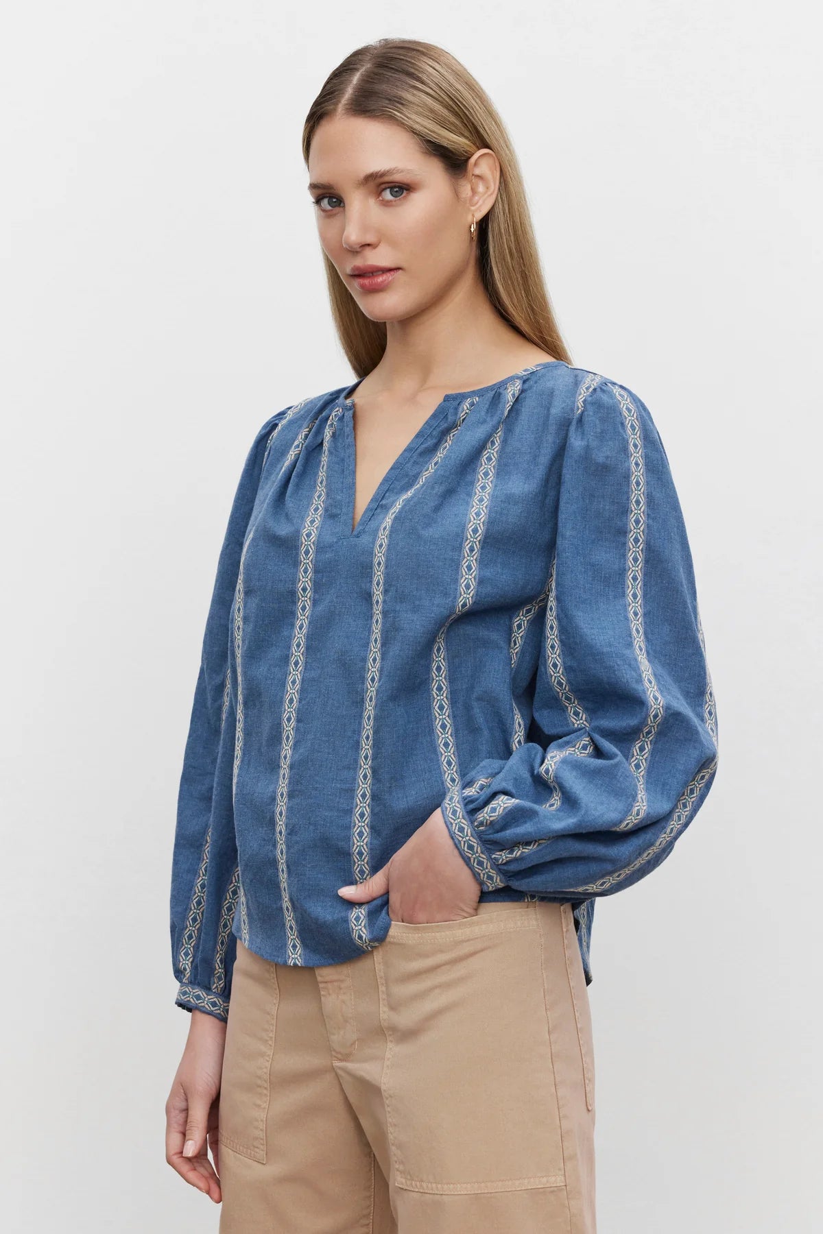 Velvet Raylee LS Jacquard Stripe Blouse Blue Smart Business Blouse